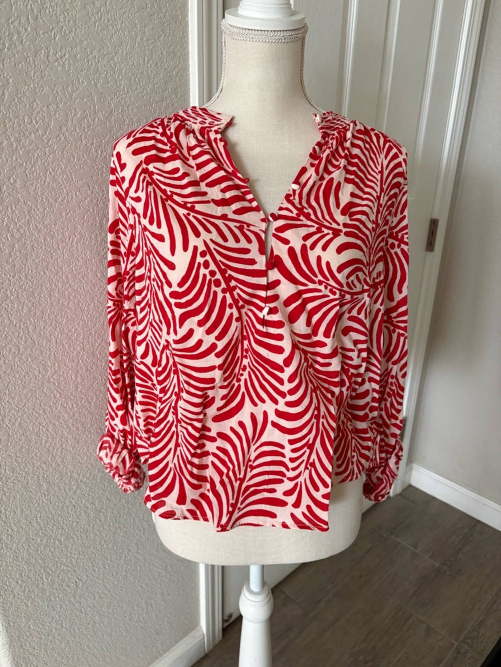 H&M Red and White Printed Long-Sleeve V-Neck Blouse